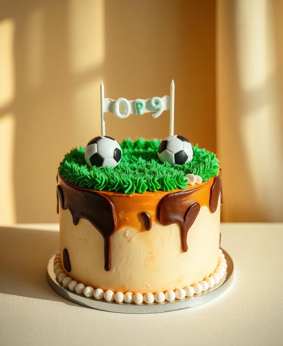 Bolo temático de futebol com decoração em pasta
